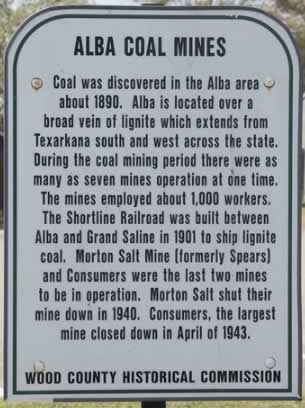 Historical marker about the Alba coal mines in East Texas
