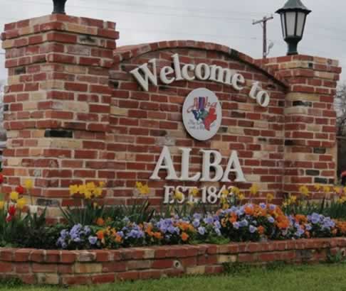 Welcome sign to Alba, Texas, established 1843