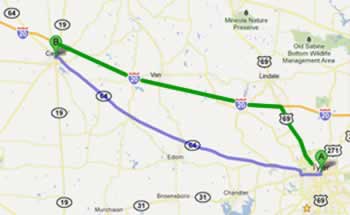 Map showing the two main routes to reach First Monday Trade Days when traveling from Tyler to Canton