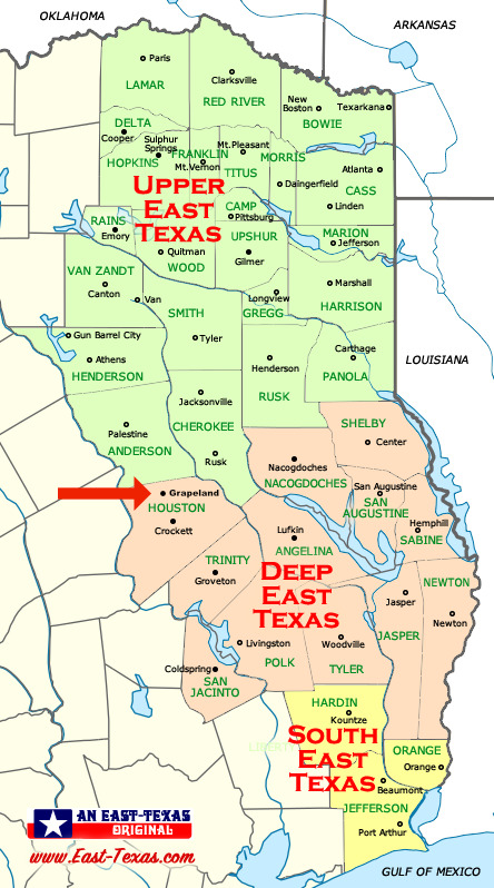Map of East Texas Counties and Larger Cities showing the location of Grapeland