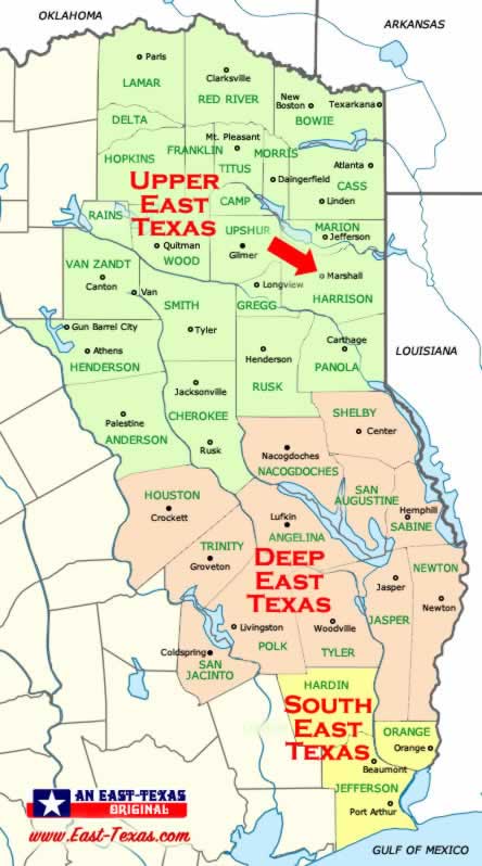 Map of Upper East Texas Showing Location of Marshall