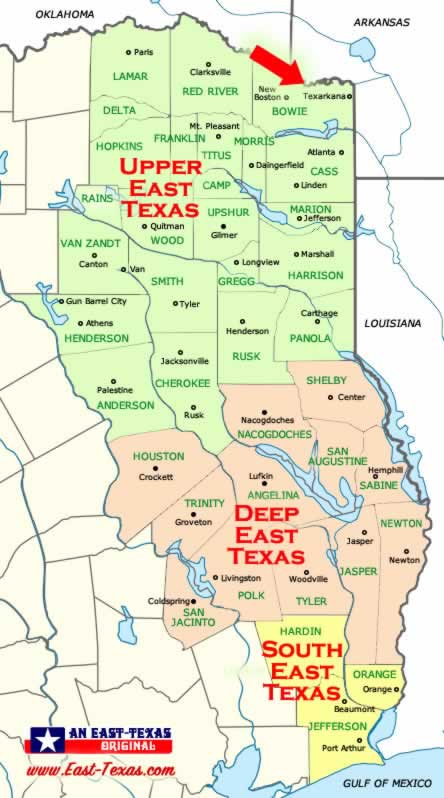 Map of Upper East Texas Showing Location of Texarkana