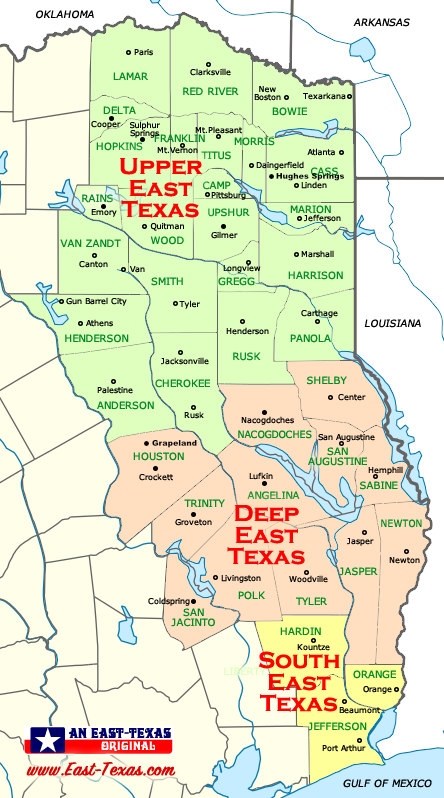 Map of East Texas Counties and Larger Cities