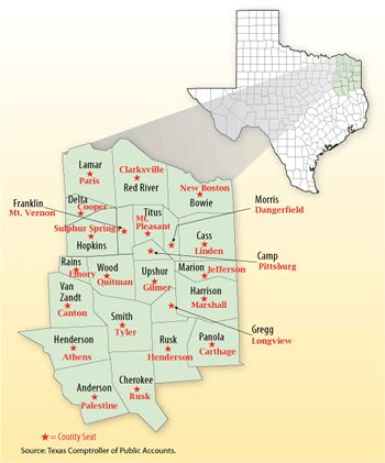 Map of the Upper East Texas counties and county seats