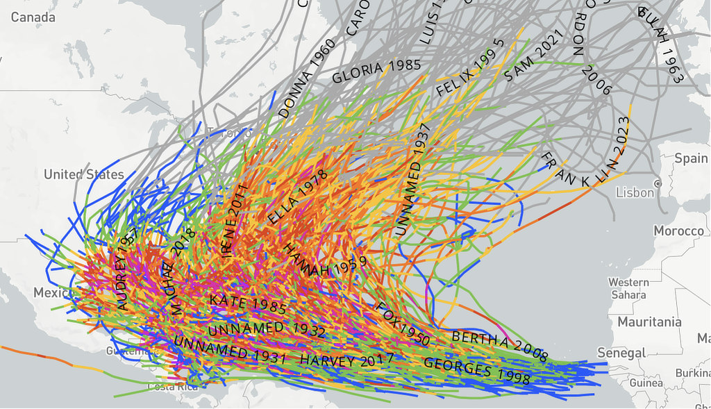 Map of landfalls of major hurricanes (Cat 3-5) in the United States and Central America from 1900-2024.