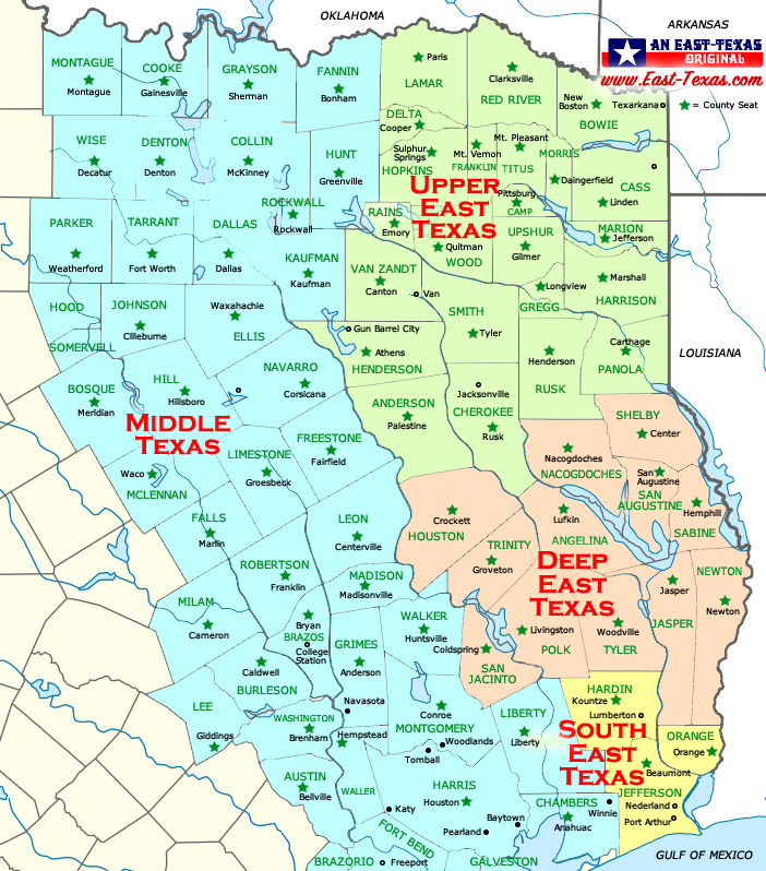 Map of East Texas & Middle Texas Counties and County Seats
