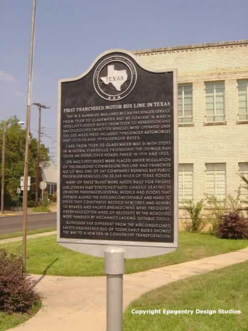 First Franchised Motor Bus Line in Texas,  the W. E. Nunnelee Bus Lines began passenger service from Tyler to Gladewater in 1925