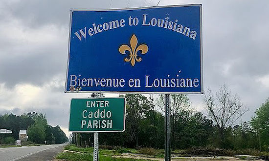 Entering Caddo Parish at the Louisiana State Line near the Ark-La-Tex Three States Marker