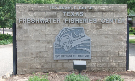 Sign at the entrance to the Edwin L. Cox, Jr. Texas Freshwater Fisheries Center in Athens
