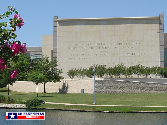 Lakeside view of the George H.W. Bush Presidential Library in College Station, Texas