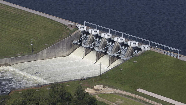 Aerial view of the dam at Lake Conroe
