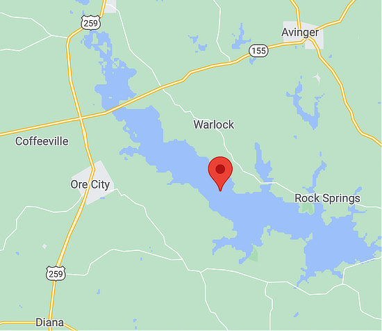 Map showing the location of Lake O' the Pines in East Texas