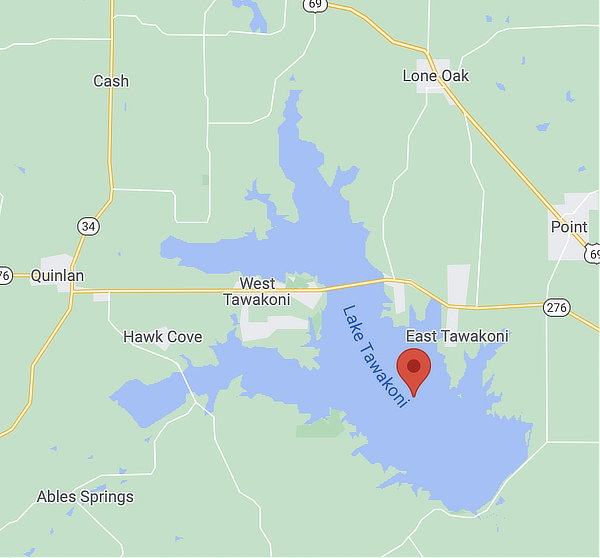 Map showing the location of Lake Tawakoni in East Texas