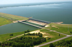 Aerial view of the dam at the Richland-Chambers Reservoir in Texas