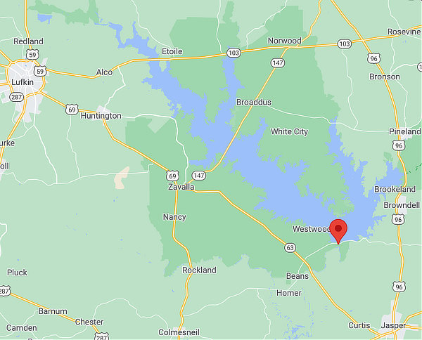 Map showing the location of the Sam Rayburn Reservoir in East Texas