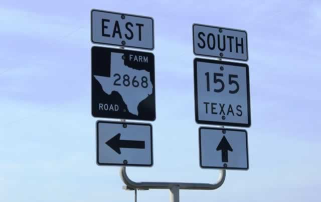 FM 2868 runs east from Noonday to Flint from Texas Highway 155