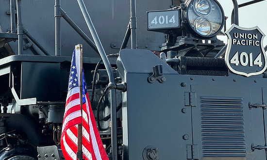 Union Pacific #4014, proudly flying the American flag!