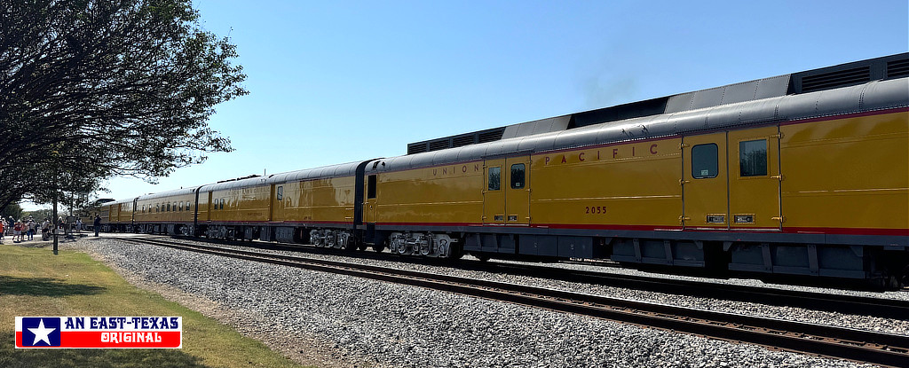 Union Pacific "Heritage Fleet" rail cars being pulled by UP #4014 in the City of West, Texas