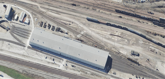 Aerial view of the Union Pacific Heritage Fleet storage building in Council Bluffs, Iowa