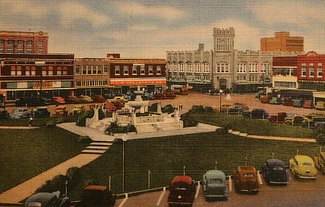 Vintage view of the downtown square, fountain and business center in Paris, Texas